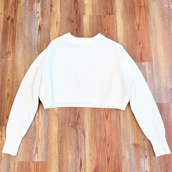 Zara Women S Cropped Ribbed Knit Sweater Cream Chunky Long Sleeve Casual Solid - Picture 5 of 7